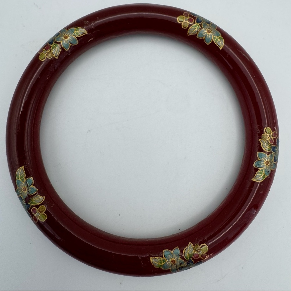 Vintage Hand Painted Floral Red Lucite Bangle Bracelet